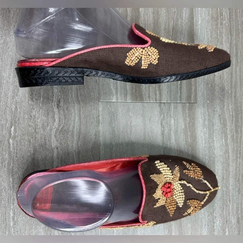 NEW* Beverly Feldman Beaded Canvas with Pink Snakeskin Trim Mules Womens Size 8 - Picture 5 of 12